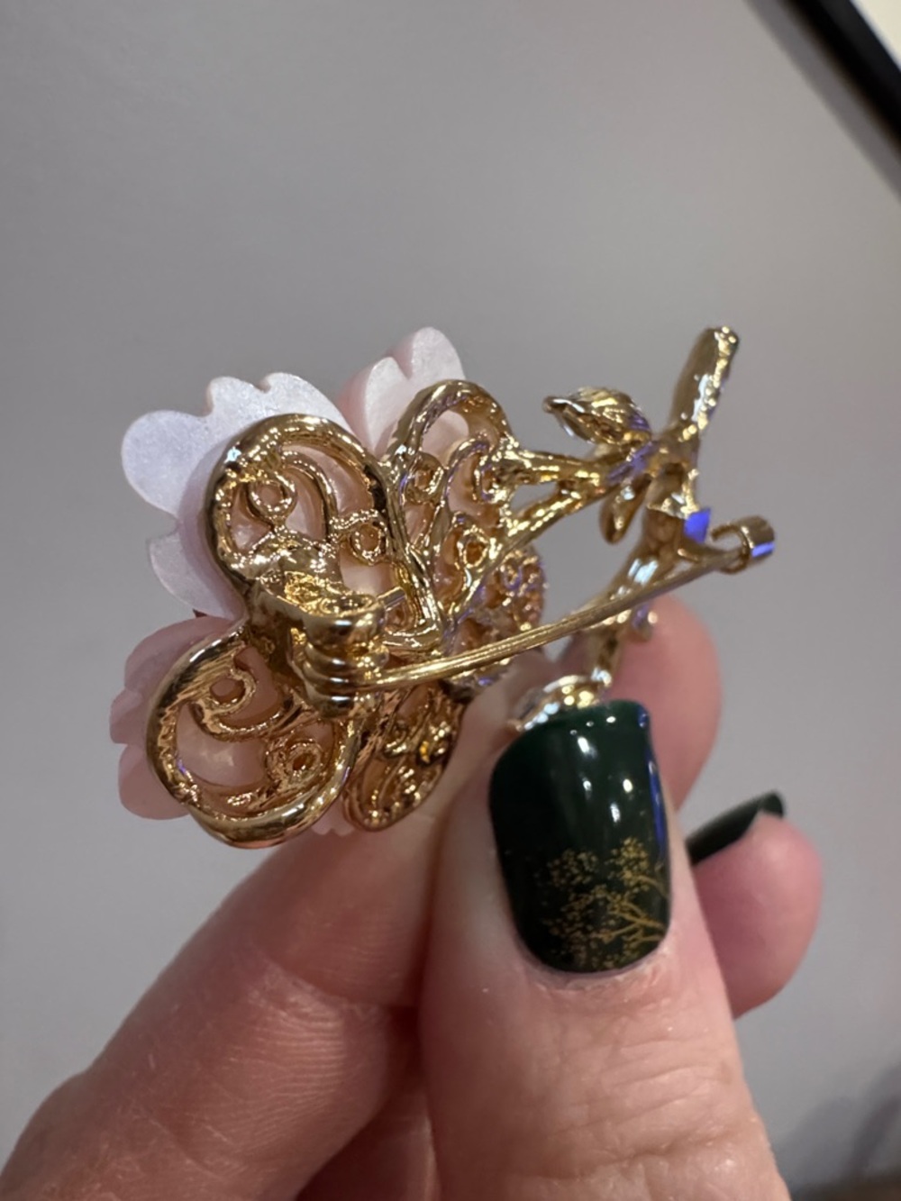 Gold-Tone Pink Flower Brooch with Pearl & Crystals - Women Jewelry - Picture 4 of 4